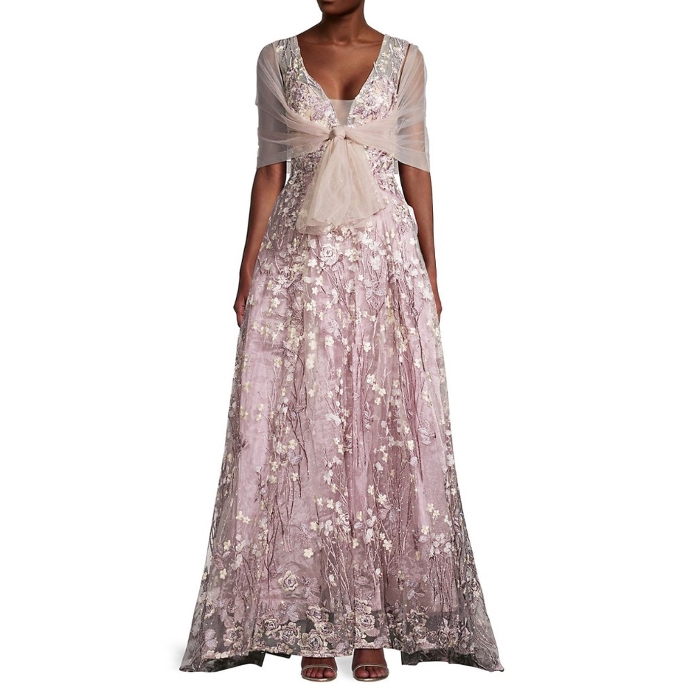 Mac Duggal Lace Floral Pleated A-Line Gown, Size 6, Lavender